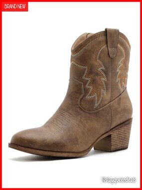 Faux Leather Ankle Western Booties Pointed Toe Side Zipper Low Heel